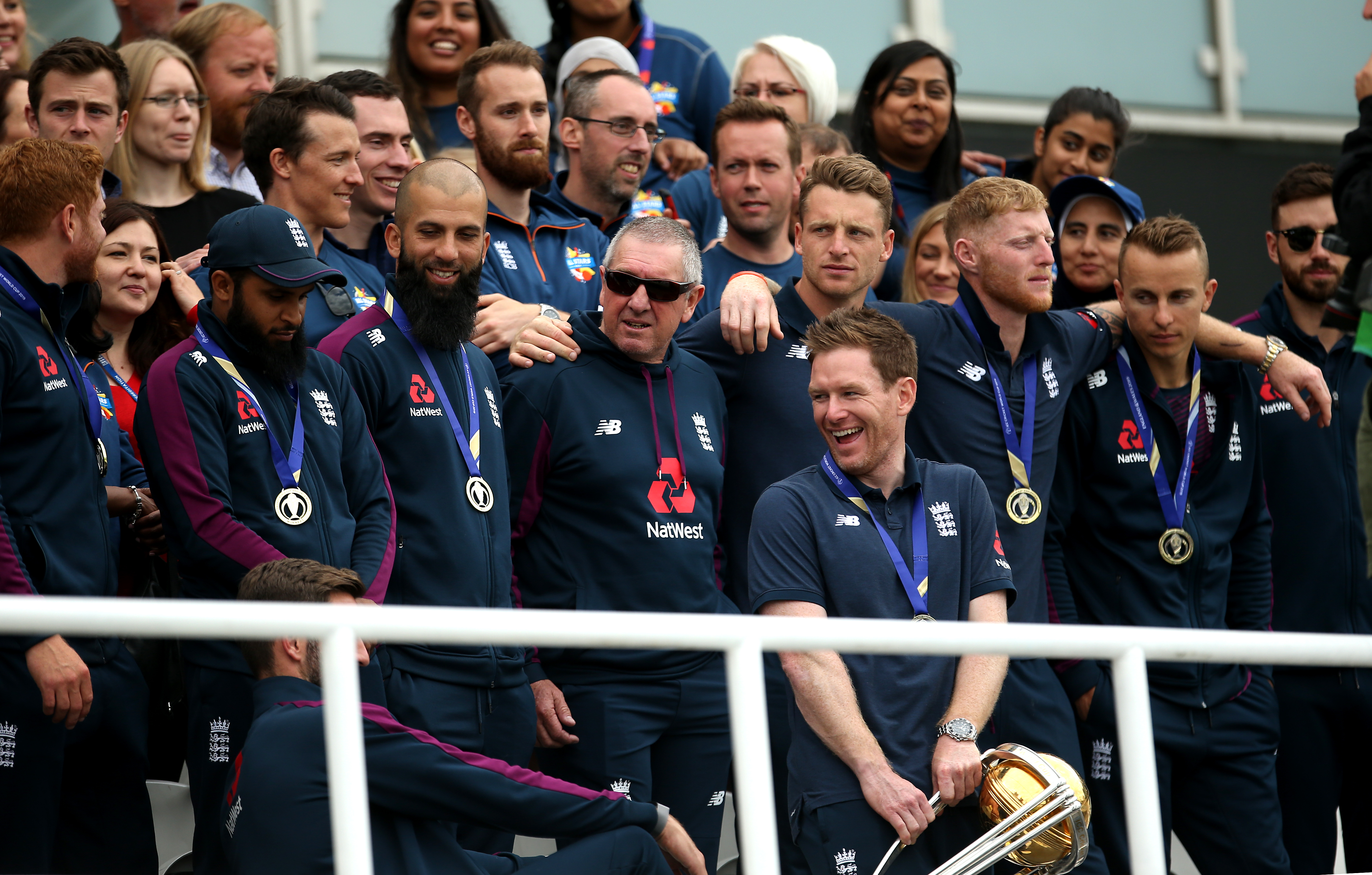 Trevor Bayliss, centre, was England head coach when they won the 2019 World Cup (Steven Paston/PA)