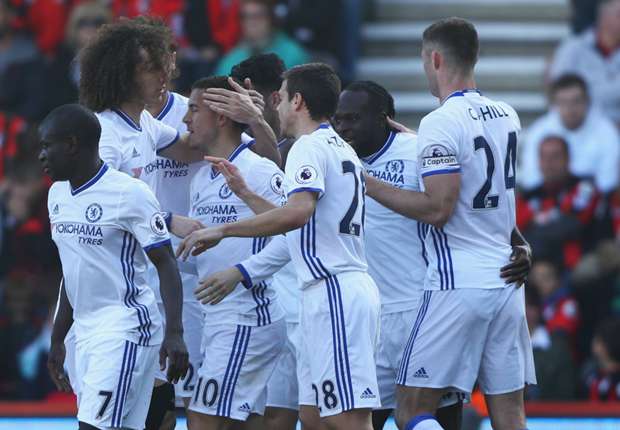 Chelsea players congratulate Eden Hazard on a Premier League goal against Bournemouth