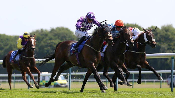 Raatea (third right) and James Doyle on their way to victory at Haydock (Nigel French/PA)