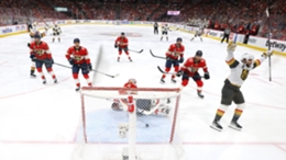 Chandler Stephenson of the Vegas Golden Knights scores a goal past Sergei Bobrovsky of the Florida Panthers during the first period in Game 4 of the 2023 NHL Stanley Cup Final