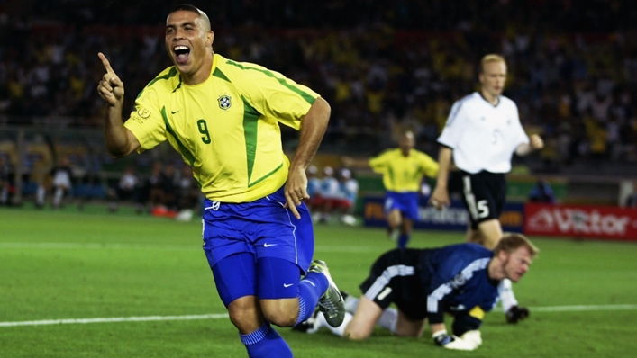 Ronaldo Nazario celebrates after scoring against Germany in the 2002 World Cup final