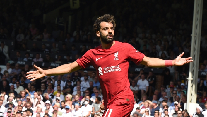 Liverpool forward Mohamed Salah celebrates scoring against Fulham