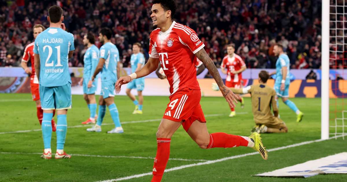 Luis Diaz celebrating his hat-trick for Bayern Munich against Hoffenheim