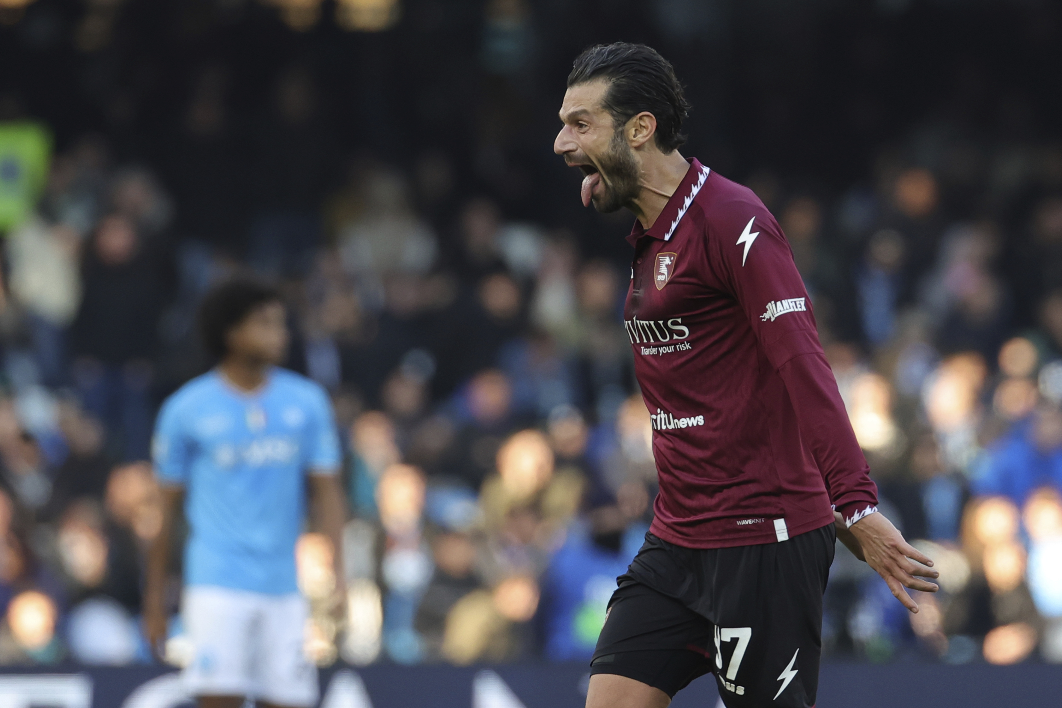 Salernitana’s Antonio Candreva celebrates after scoring