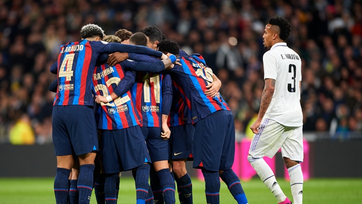 Barcelona celebrate Eder Militao's own goal in the Copa del Rey semi-final first leg