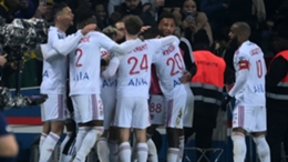 Lyon celebrate Barcola's goal against PSG