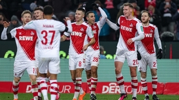 Ellyes Skhiri celebrates after scoring Koln's sixth goal against Werder Bremen