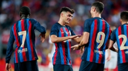 Pedri celebrates with Robert Lewandowski during Barcelona's 6-0 win over Pumas UNAM at Camp Nou