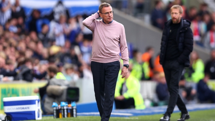 Ralf Rangnick cuts a dejected figure during Manchester United's 4-0 loss to Brighton and Hove Albion