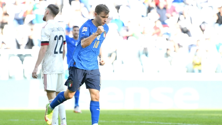 Nicolo Barella celebrates after opening the scoring against Belgium in the Nations League on Sunday