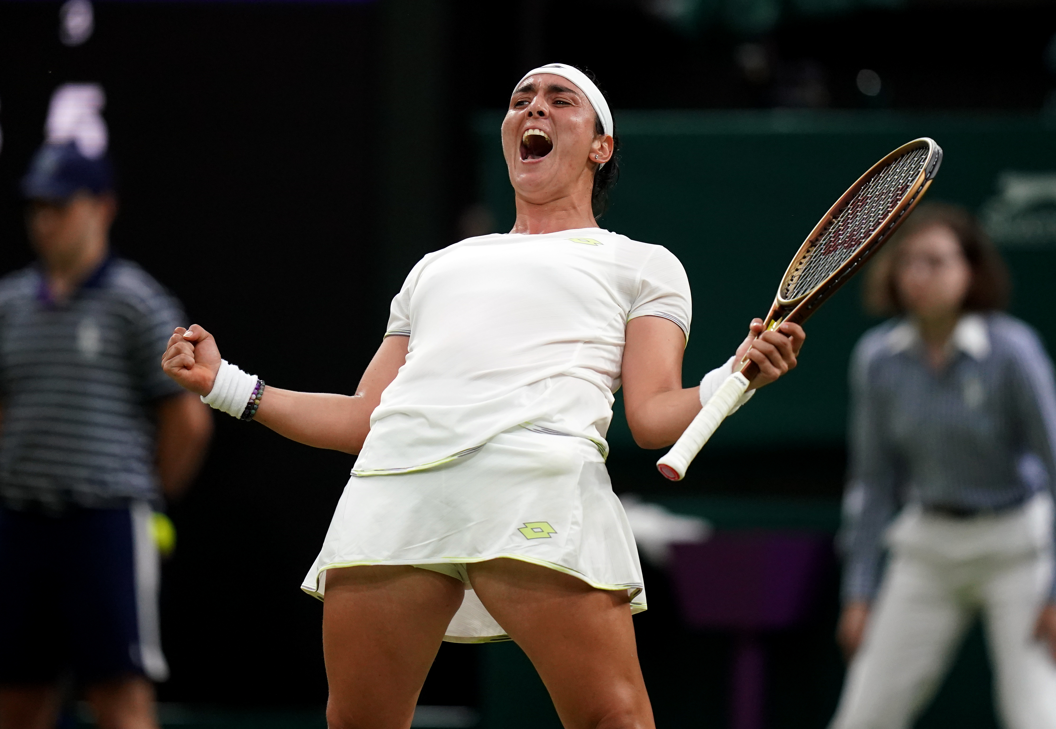 Ons Jabeur celebrates her battling victory on Centre Court