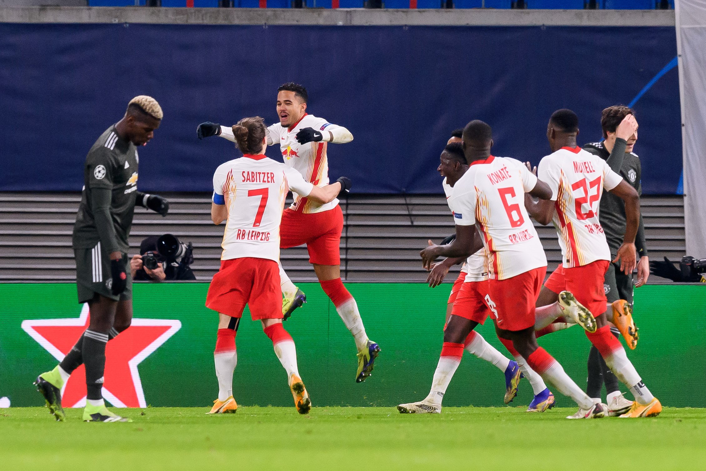 RB Leipzig celebrate against Man United on Tuesday