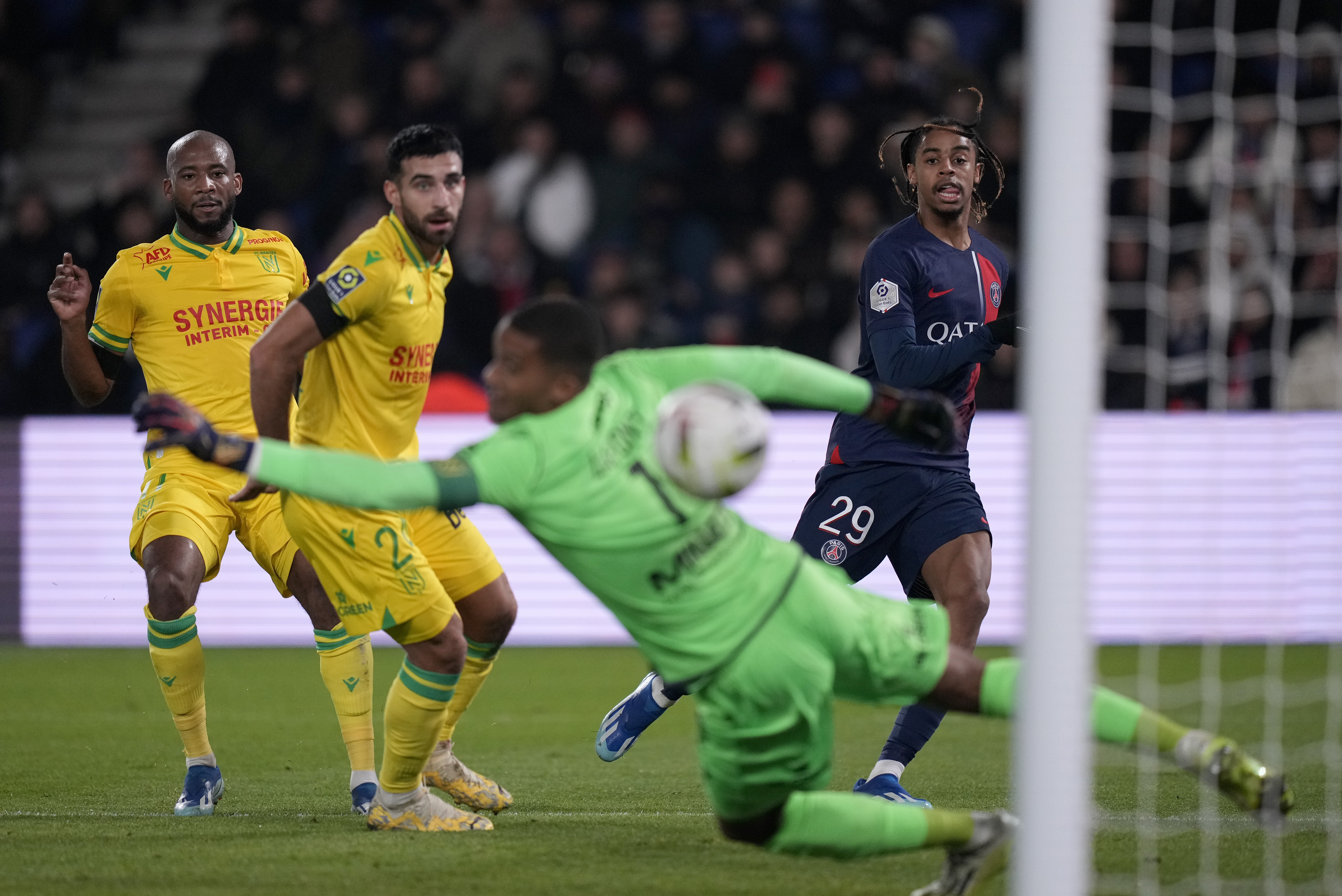 Bradley Barcola (right) fires PSG into a first-half lead over Nantes