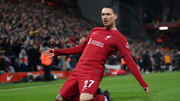 Darwin Nunez celebrates scoring for Liverpool against Manchester United