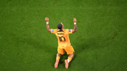 Memphis Depay of Netherlands celebrates after scoring the team's first goal against the USA