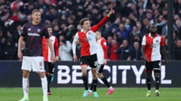 Mats Wieffer celebrates his goal for Feyenoord against Roma in the Europa League