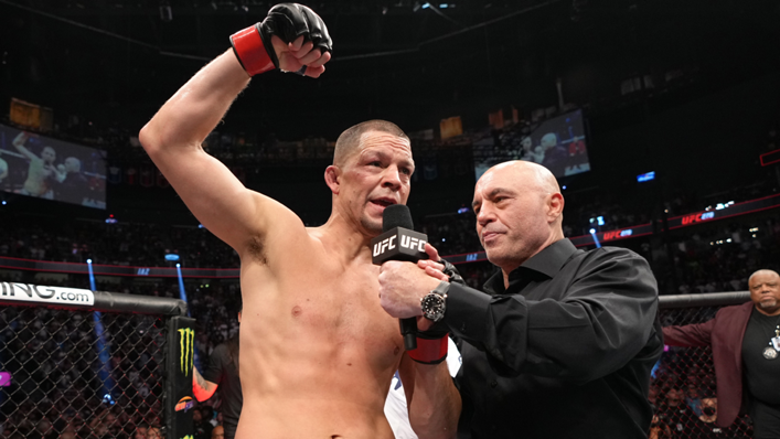 Nate Diaz reacts after his submission victory over Tony Ferguson in a welterweight fight during the UFC 279 event