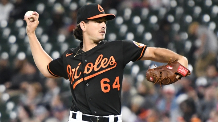 Orioles starting pitcher Dean Kremer in the midst of the first complete game shutout of his career