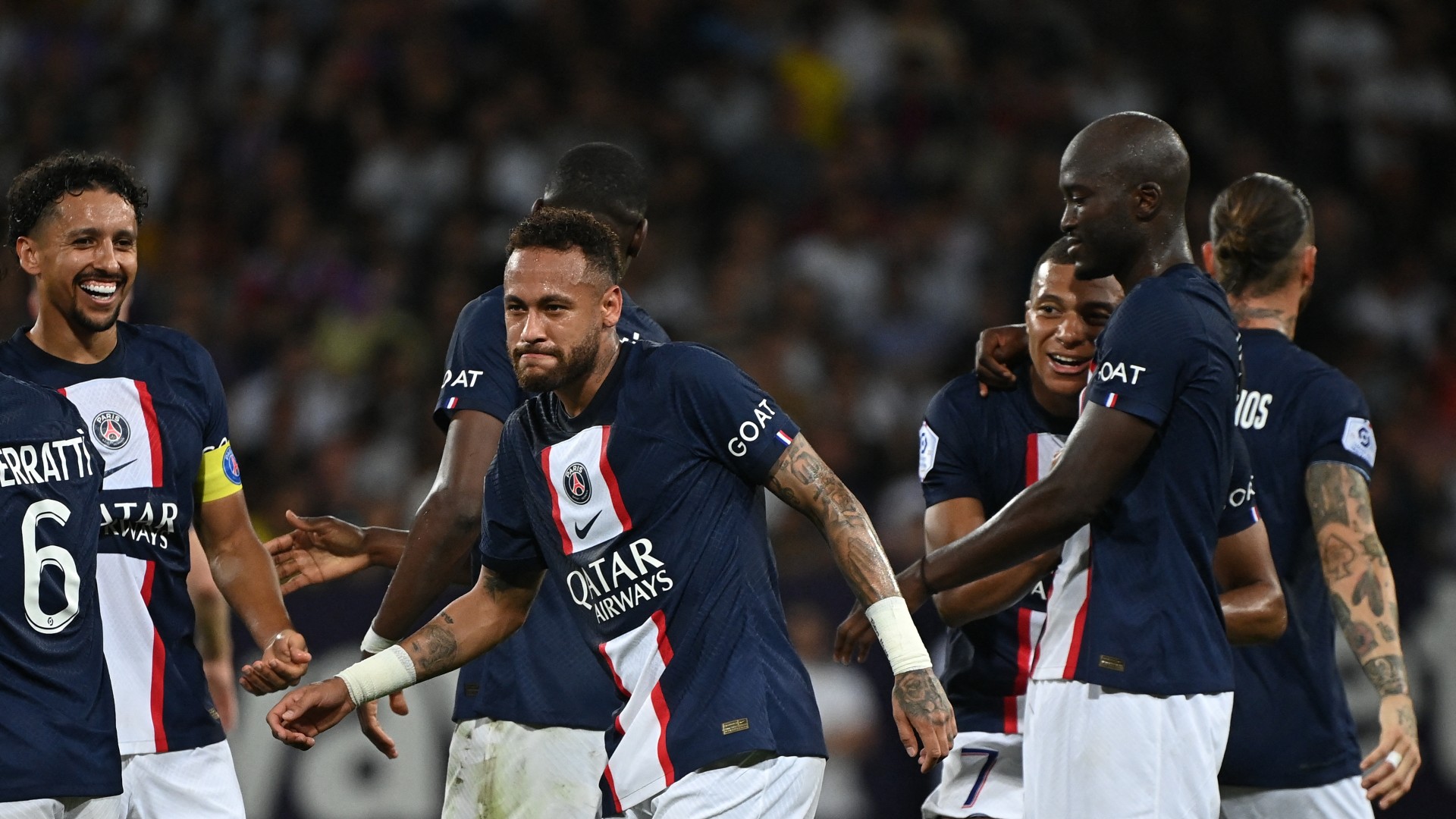 PSG celebrate Kylian Mbappe's goal at Toulouse