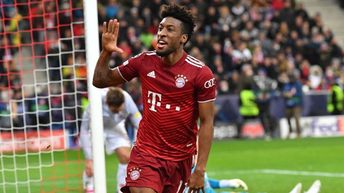 Bayern Munich's Kingsley Coman celebrates his late equaliser against Salzburg