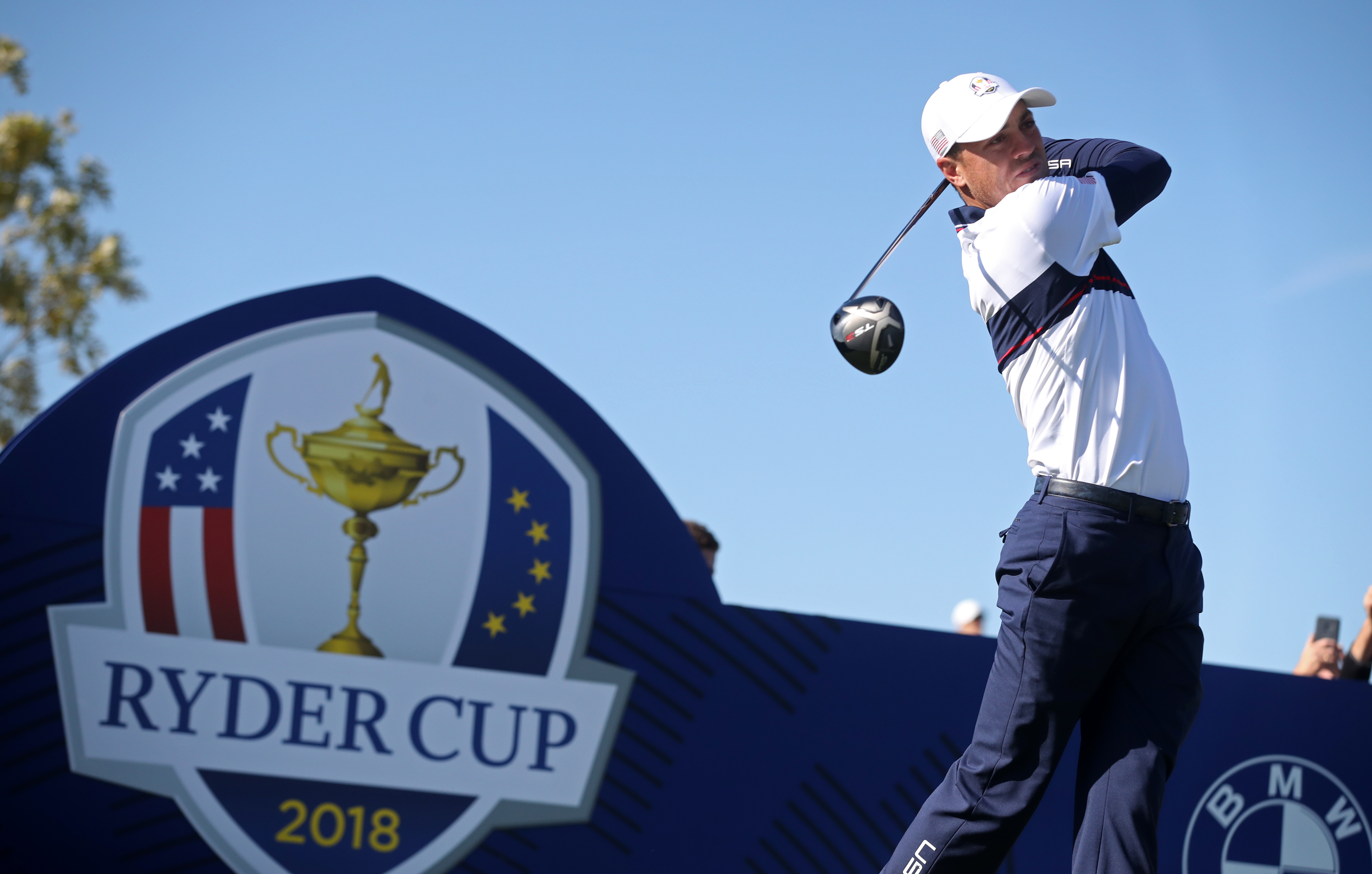 Justin Thomas tees off in practice for the 2018 Ryder Cup