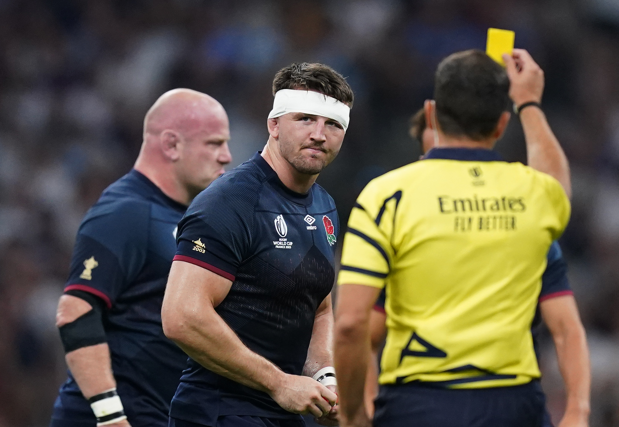 Tom Curry is shown a yellow card against Argentina, which was upgraded to red on review
