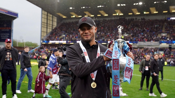 Burnley manager Vincent Kompany with the Sky Bet Championship trophy after the Sky Bet Championship match at Turf Moor, Burnley. Picture date: Monday May 8, 2023.