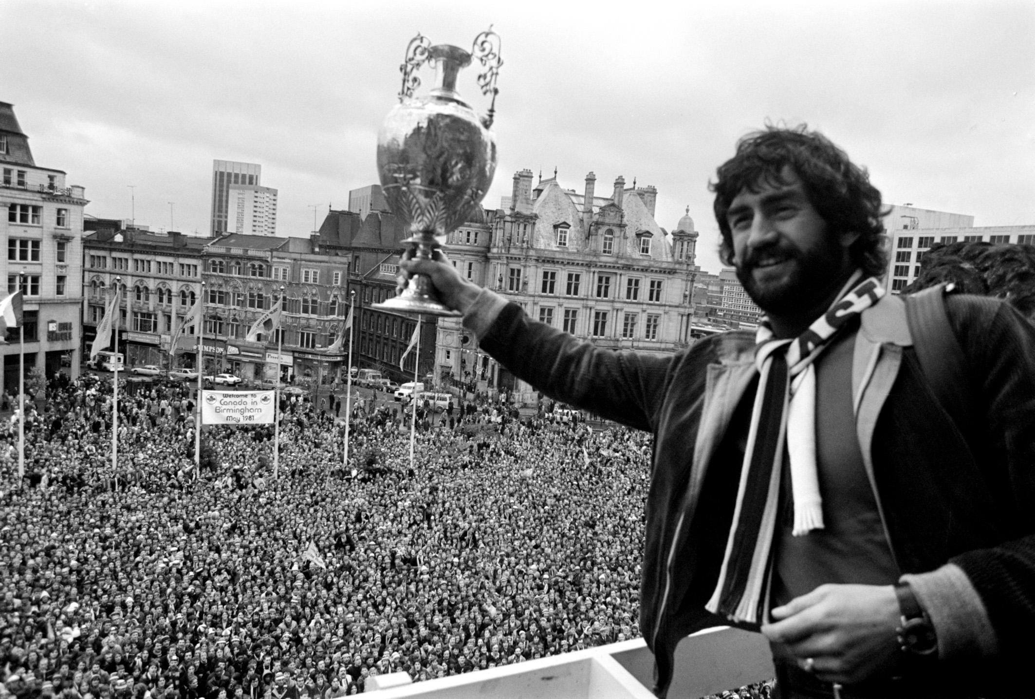 Captain Dennis Mortimer celebrates Aston Villa’s 1981 league title at a reception outside Birmingham Town Hall
