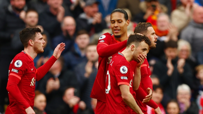 Diogo Jota is congratulated by his Liverpool team-mates