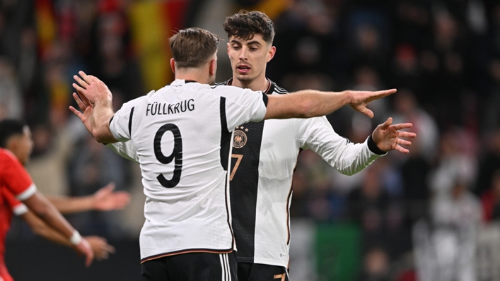 Niclas Fullkrug and Kai Havertz celebrate Germany's opener