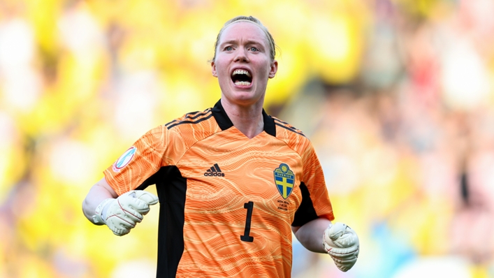 Hedvig Lindahl celebrates during Sweden's win against Portugal at the Women's Euros