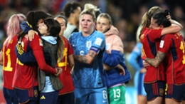 Millie Bright shakes hands with Spain players at full-time (Isabel Infantes/PA)