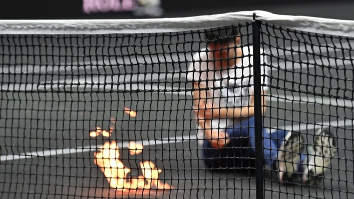 A Laver Cup protest saw a court invader set off a fire