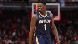 Zion Williamson of the New Orleans Pelicans laughs against the Chicago Bulls during the second half of a preseason game