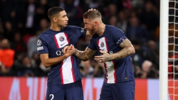 Achraf Hakimi (L) thinks PSG team-mate Sergio Ramos (R) is the best defender in the world