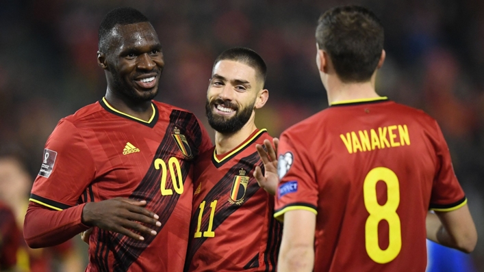 Belgium celebrate Yannick Carrasco's goal against Estonia