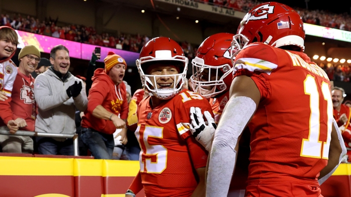 Patrick Mahomes (C) celebrates with his Kansas City Chiefs team-mates