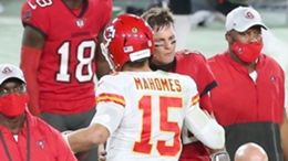 Patrick Mahomes and Tom Brady shake hands after the Chiefs faced the Bucs in November 2020