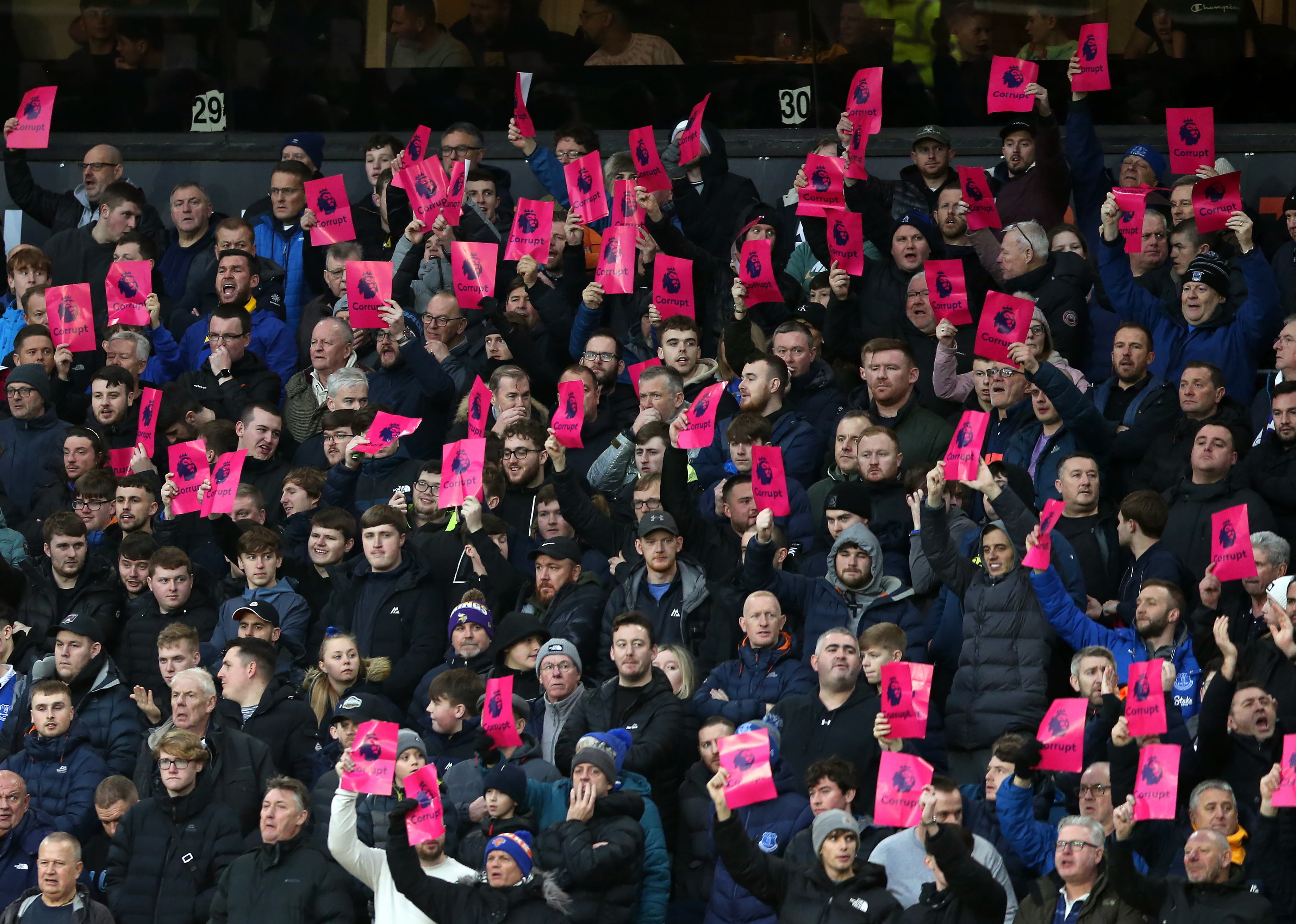 Everton fans stage a protest against the original sanction at their match away to Wolves on December 30