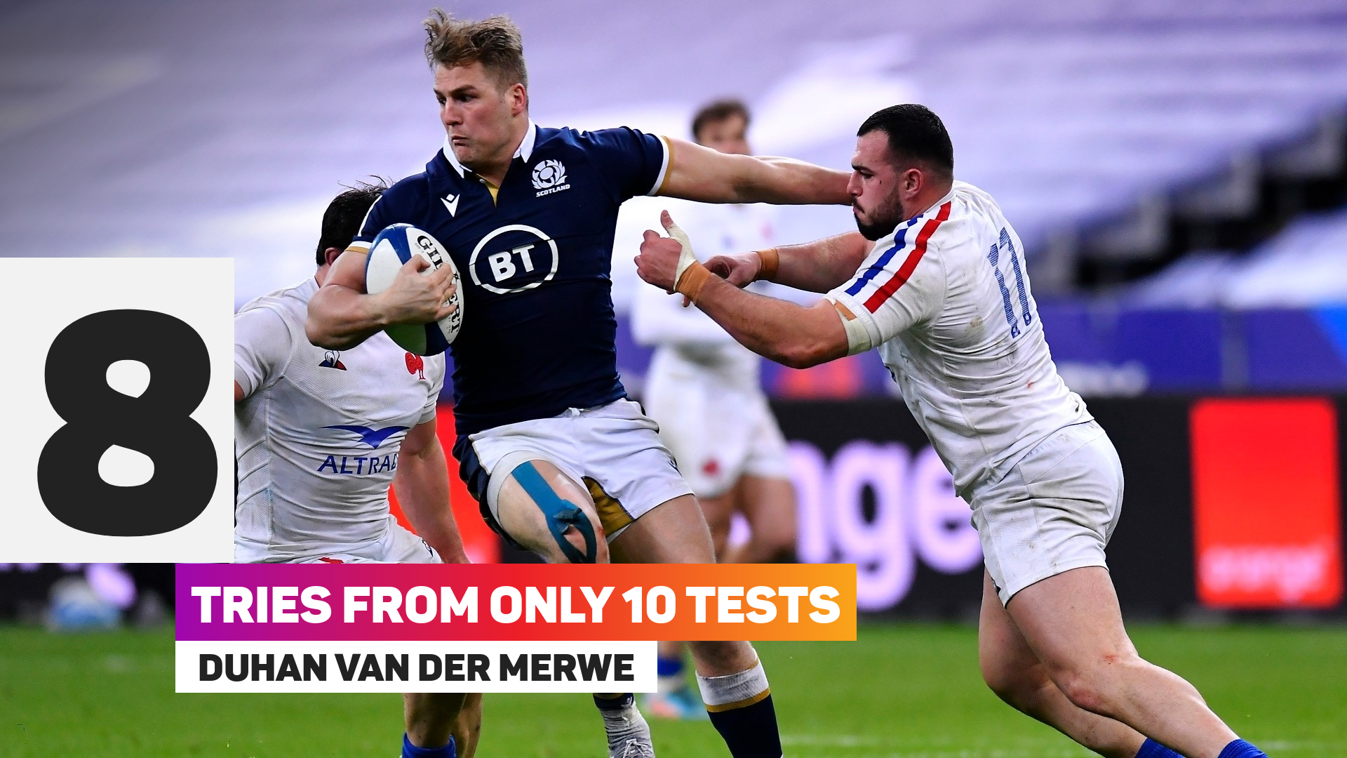 Duhan van der Merwe has scored 8 tries from 10 test matches