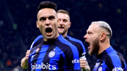 Lautaro Martinez celebrates his ninth Serie A goal of the season