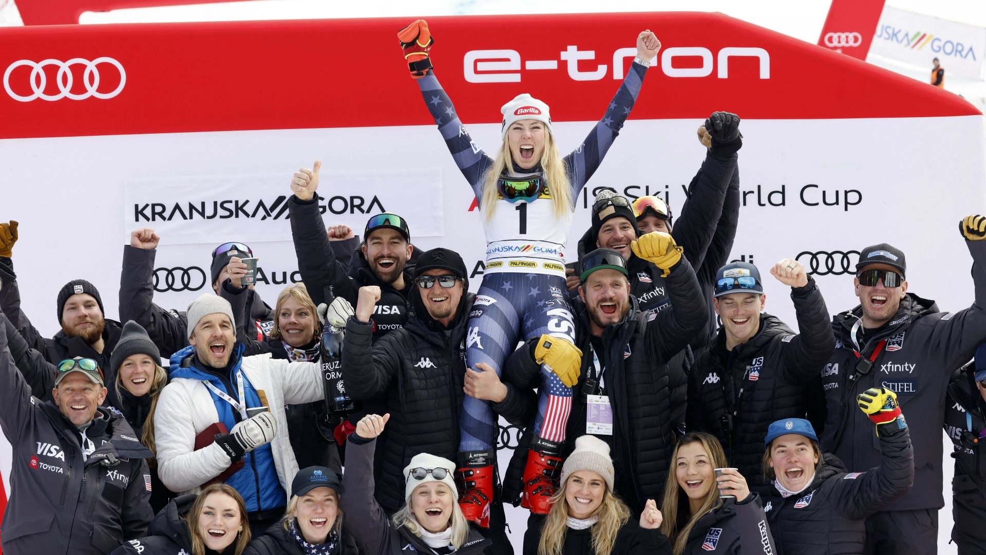 Mikaela Shiffrin celebrates her 82nd World Cup win