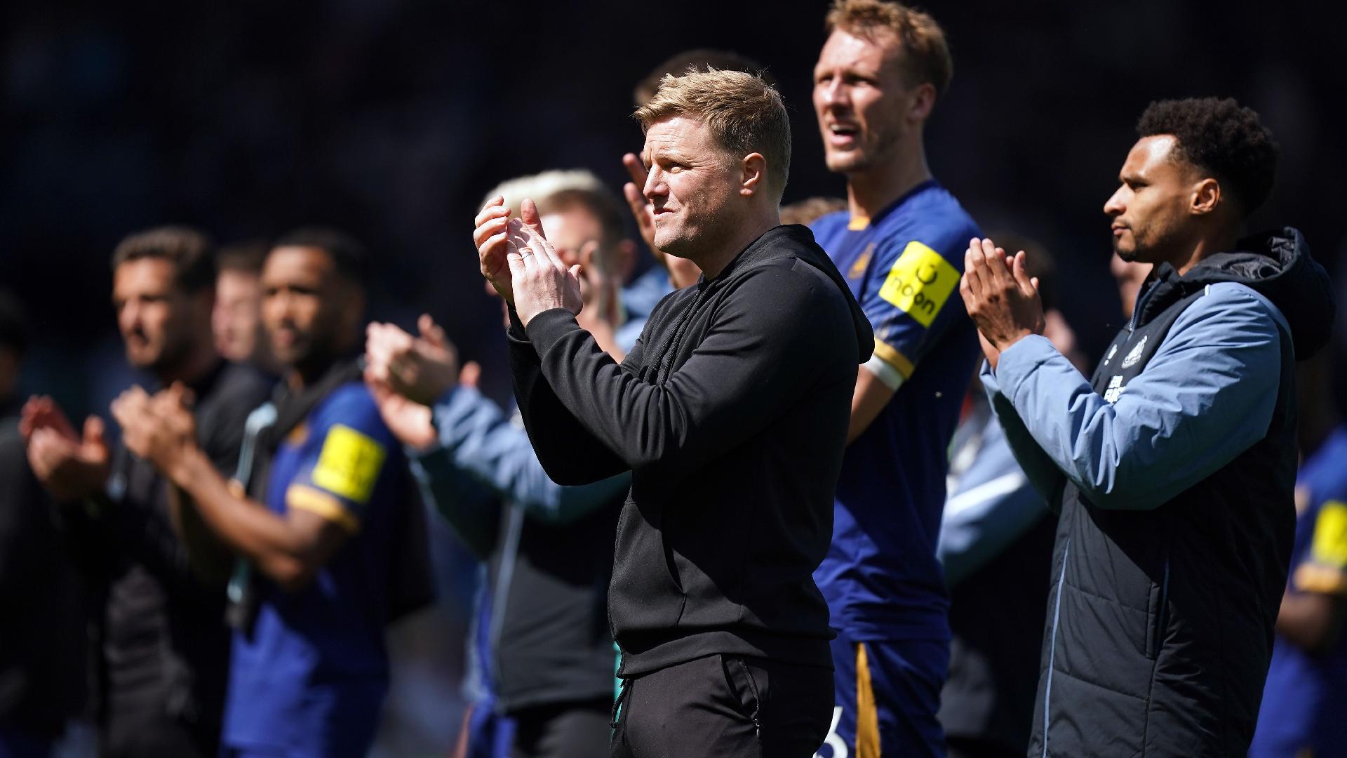 Newcastle boss Eddie Howe applauds his club’s fans at Elland Road shortly after he had been confronted a by Leeds supporter in the technical area (Mike Egerton/PA)