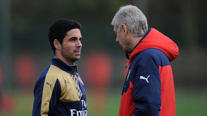 Arteta [left] played under Wenger for five seasons at Arsenal, before eventually being one of his managerial successors in 2019