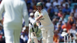 Australia’s Marnus Labuschagne reacts after being his by the ball on the arm during day three of the ICC World Test Championship Final match at (Steven Paston/PA)