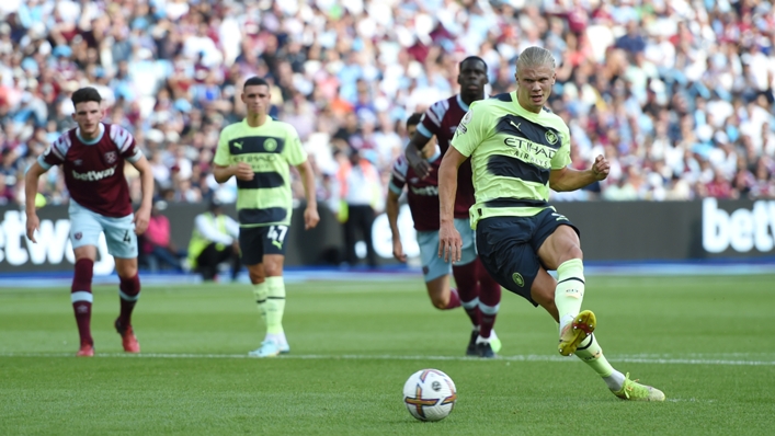 Erling Haaland scores a penalty against West Ham to open his Manchester City account