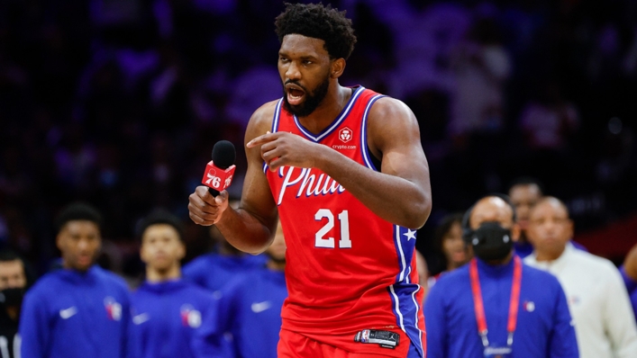 Joel Embiid addresses the crowd before the clash with the Brooklyn Nets