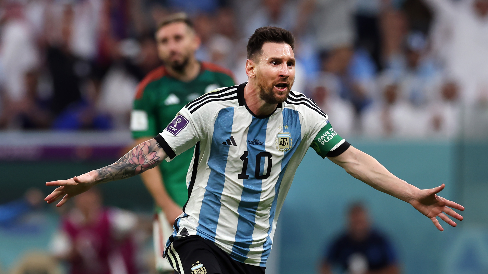 Lionel Messi celebrates scoring for Argentina against Mexico at the 2022 World Cup