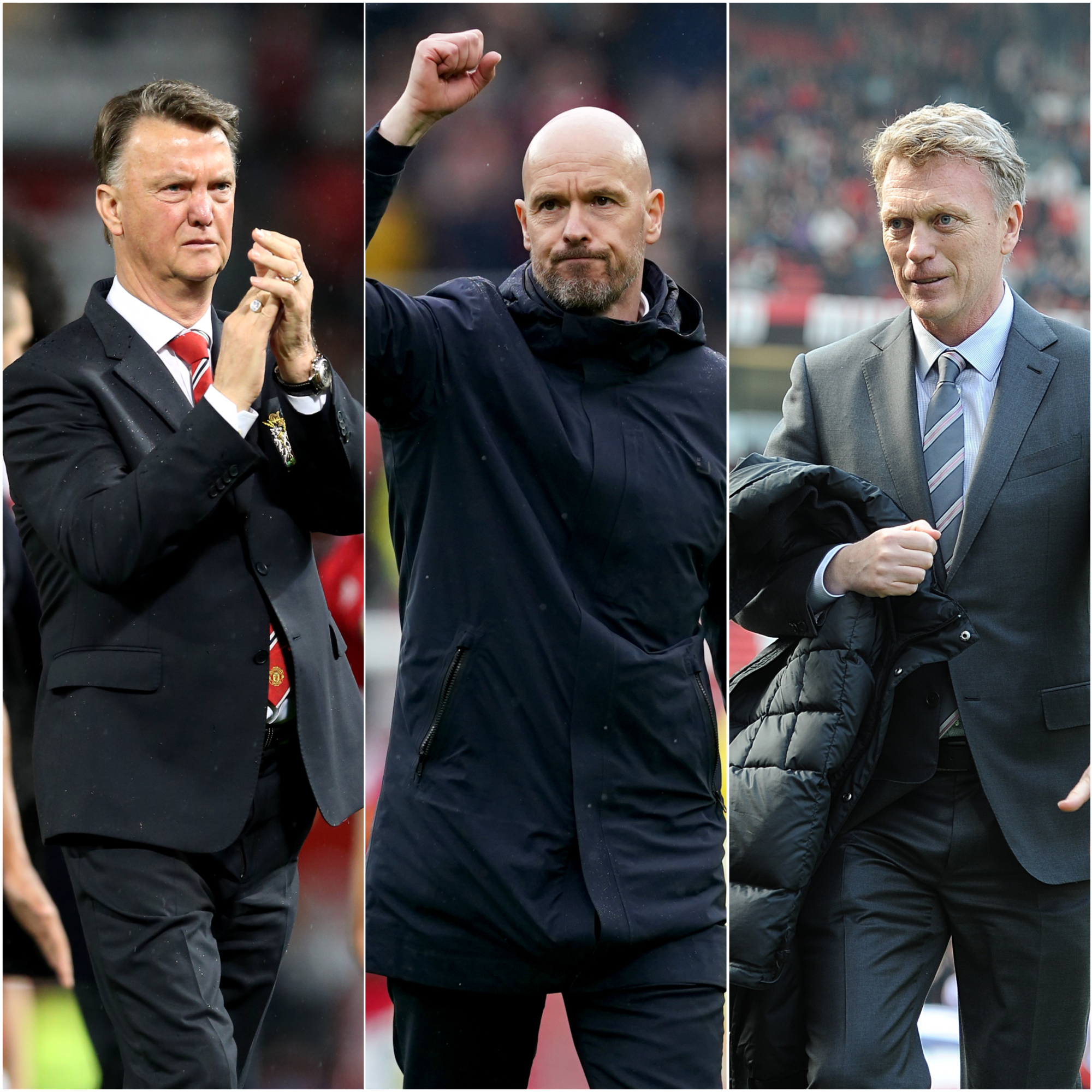 Manchester United managers Louis van Gaal, Erik ten Hag and David Moyes, left to right