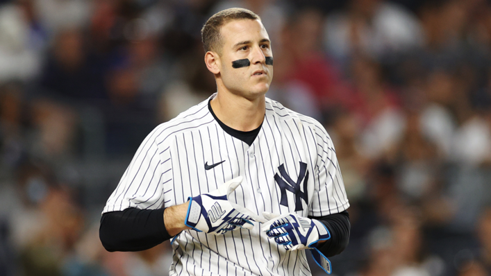 Anthony Rizzo of the New York Yankees reacts after striking out during the eighth inning against the Tampa Bay Rays